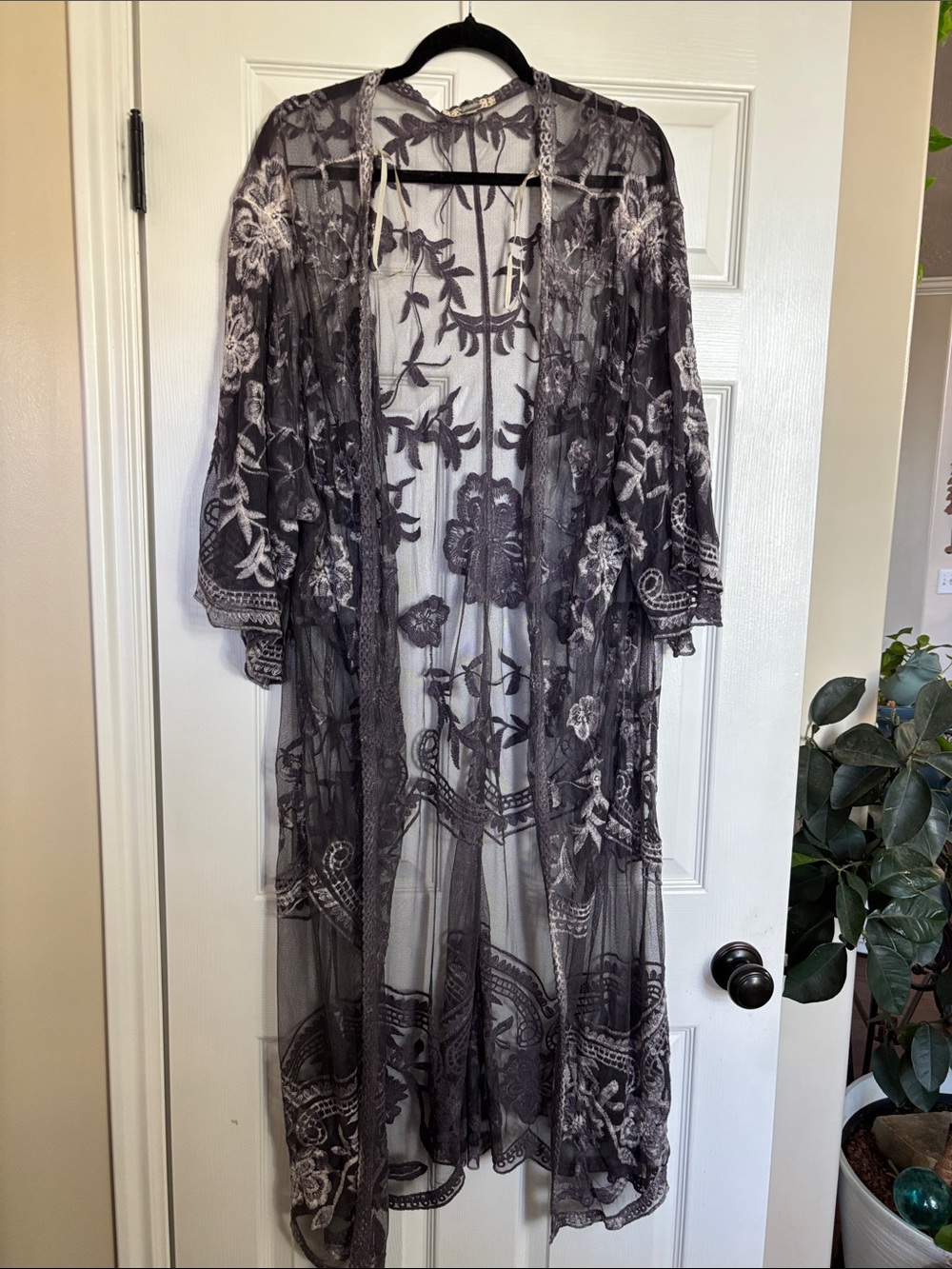 Gimmicks Sheer Embroidered Long Kimono Robe - Gray
